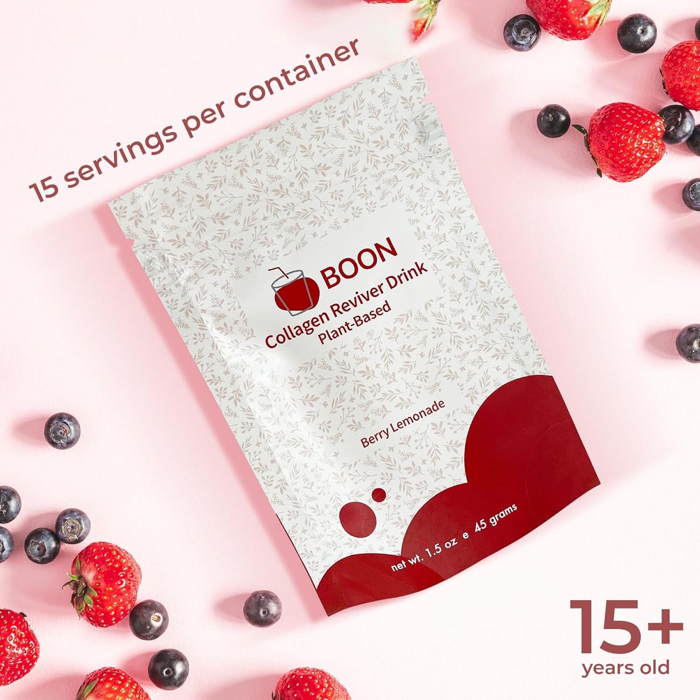 Organic Vegan Collagen Booster Drink for Beautiful Skin - Plant-Based Supplement with Berry Lemonade Flavor - Ecco Bella Boon Reviver Powder, 15 Servings