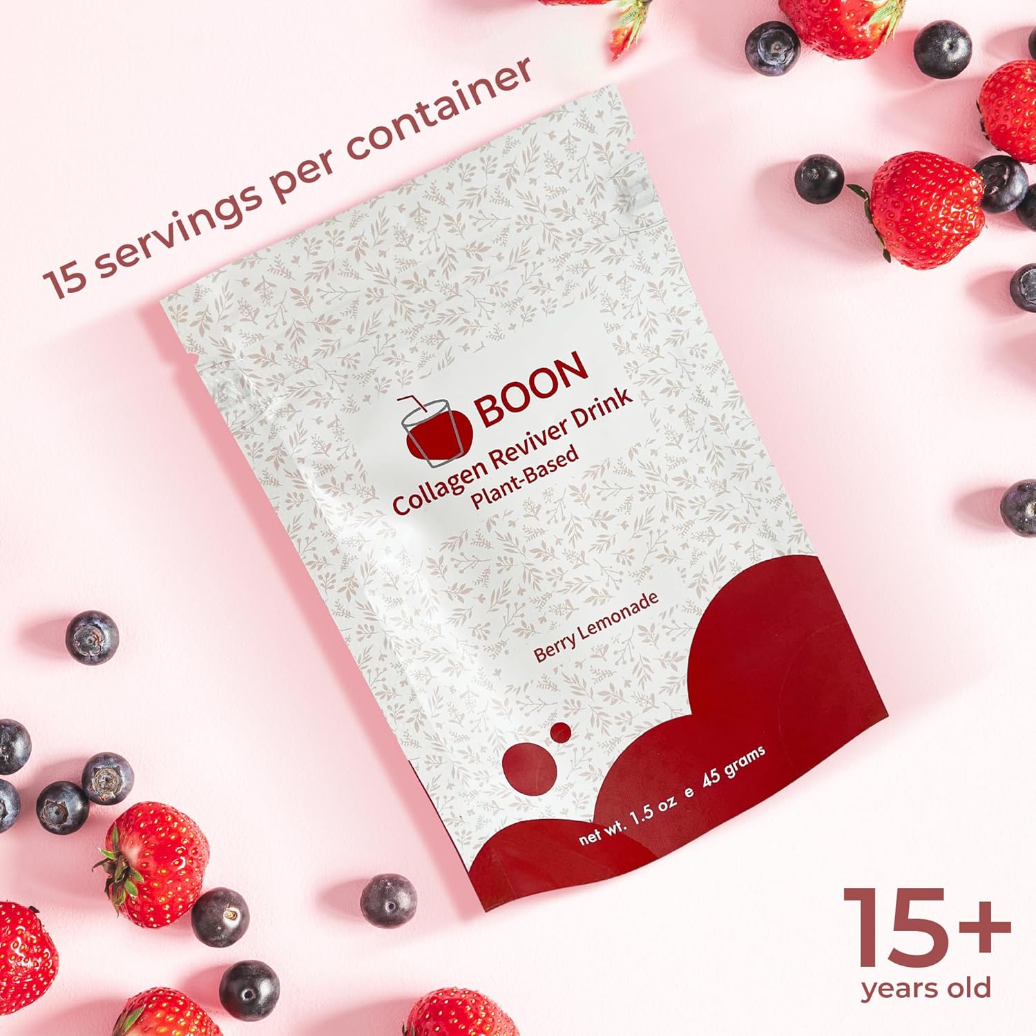 Organic Vegan Collagen Booster Drink for Beautiful Skin - Plant-Based Supplement with Berry Lemonade Flavor - Ecco Bella Boon Reviver Powder, 15 Servings