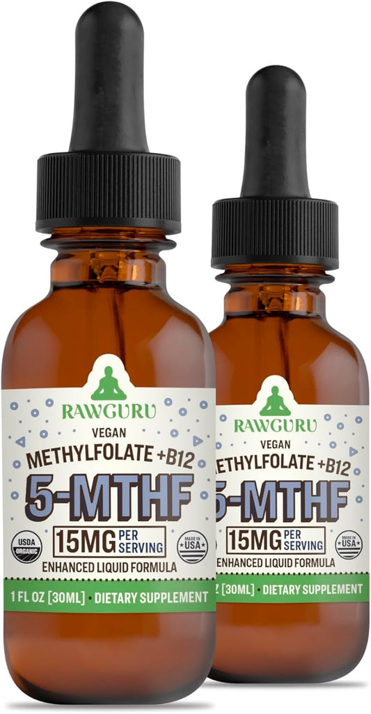 Organic Vegan L-Methylfolate 15 mg + Vitamin B12 Drops - Nano-Enhanced Liquid Formula with Trace Minerals - 300 Servings, Pack of 2