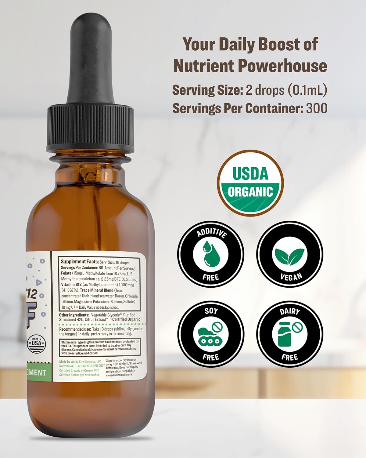 Organic Vegan L-Methylfolate 15 mg + Vitamin B12 Drops - Nano-Enhanced Liquid Formula with Trace Minerals - 300 Servings, Pack of 2