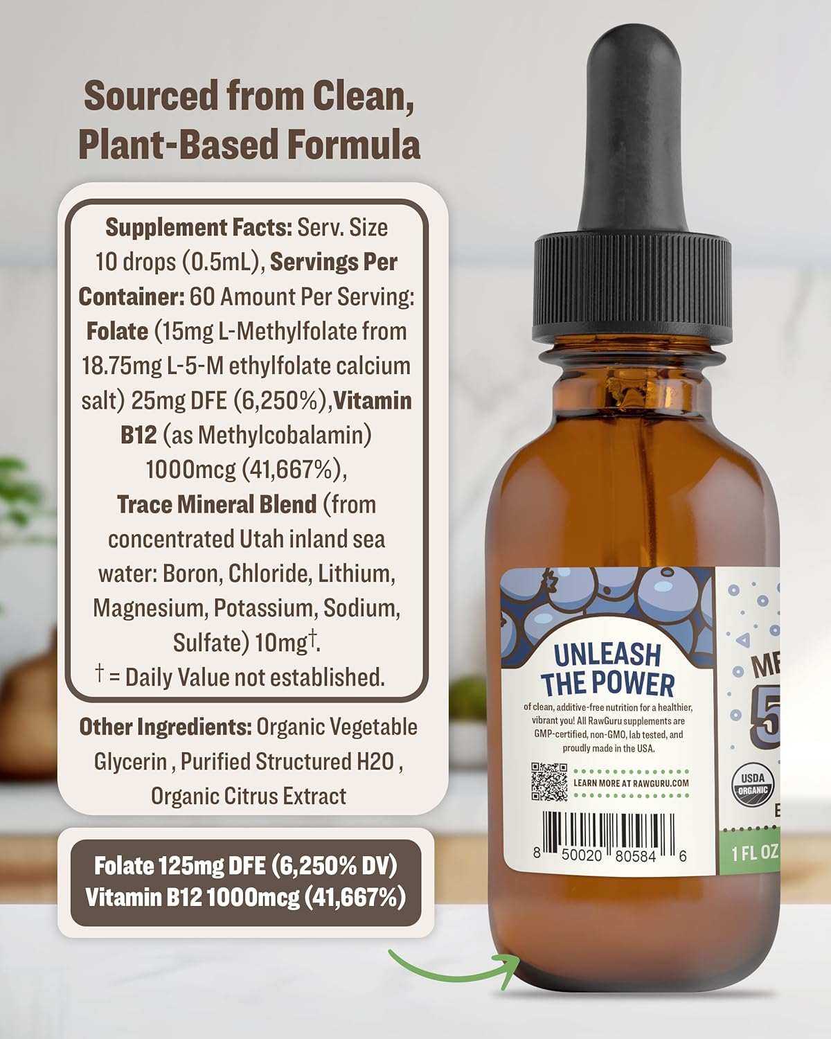 Organic Vegan L-Methylfolate 15 mg + Vitamin B12 Drops - Nano-Enhanced Liquid Formula with Trace Minerals - 300 Servings, Pack of 2