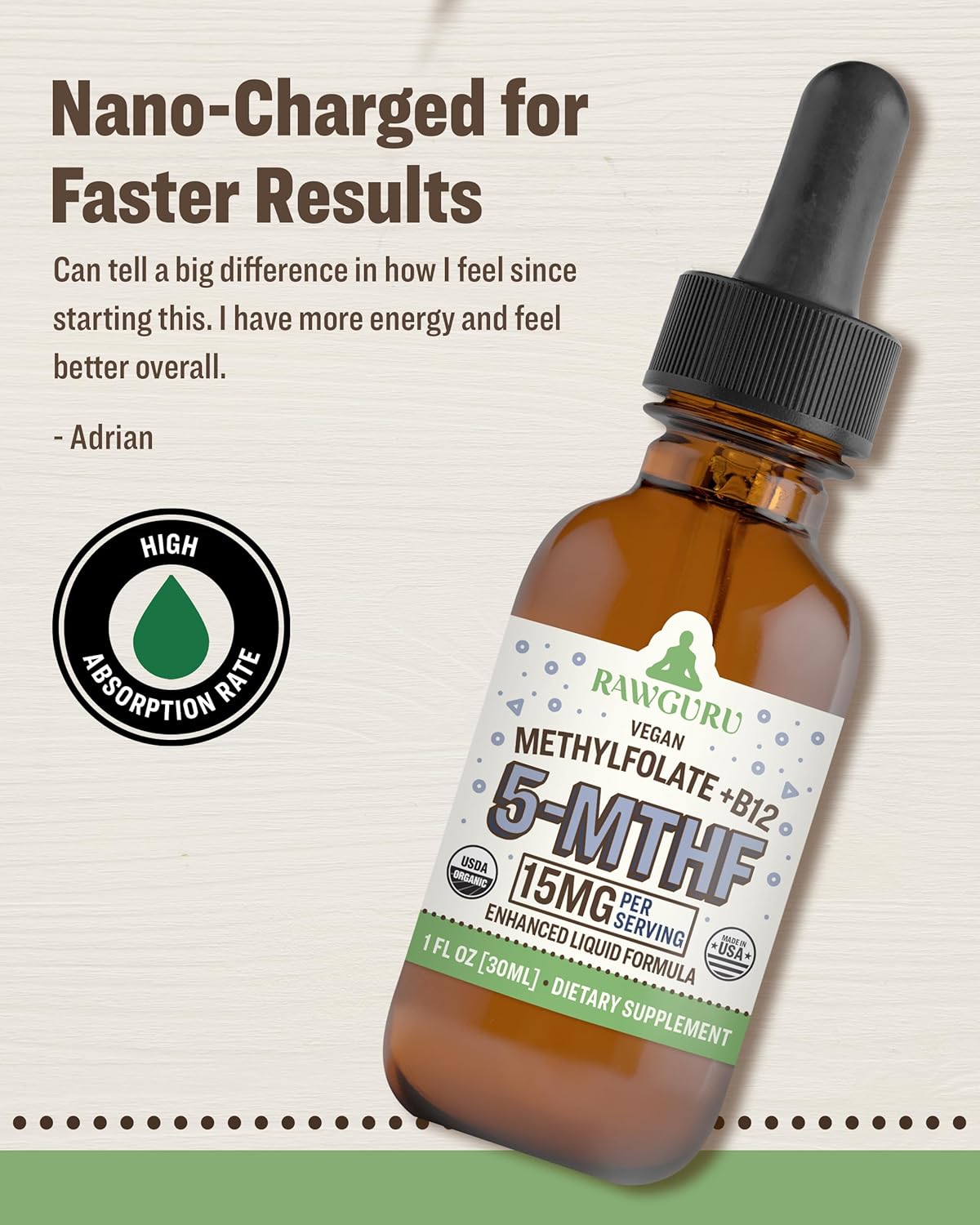Organic Vegan L-Methylfolate 15 mg + Vitamin B12 Drops - Nano-Enhanced Liquid Formula with Trace Minerals - 300 Servings, Pack of 2