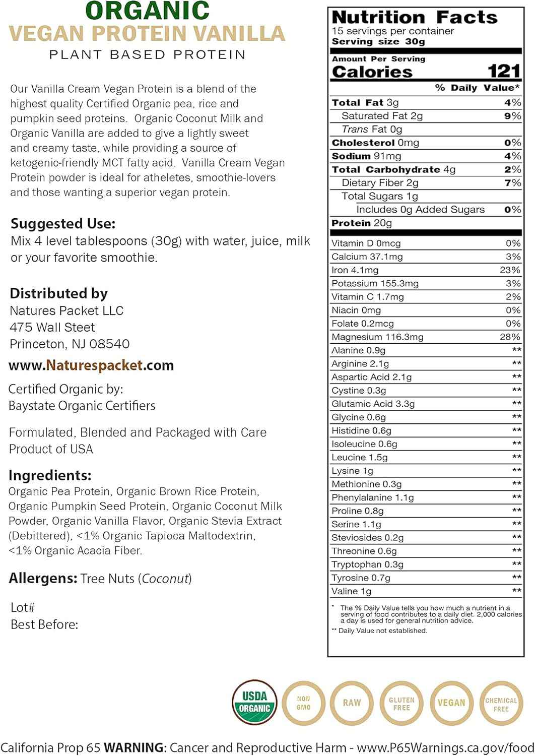 Organic Vegan Protein Powder - Plant Based Protein, Vanilla Flavor - Non Dairy, Lactose Free, No Sugar Added, Gluten Free, Soy Free, Non-GMO, Ketogenic Vegan Blend - 1 lb, 16 Ounce