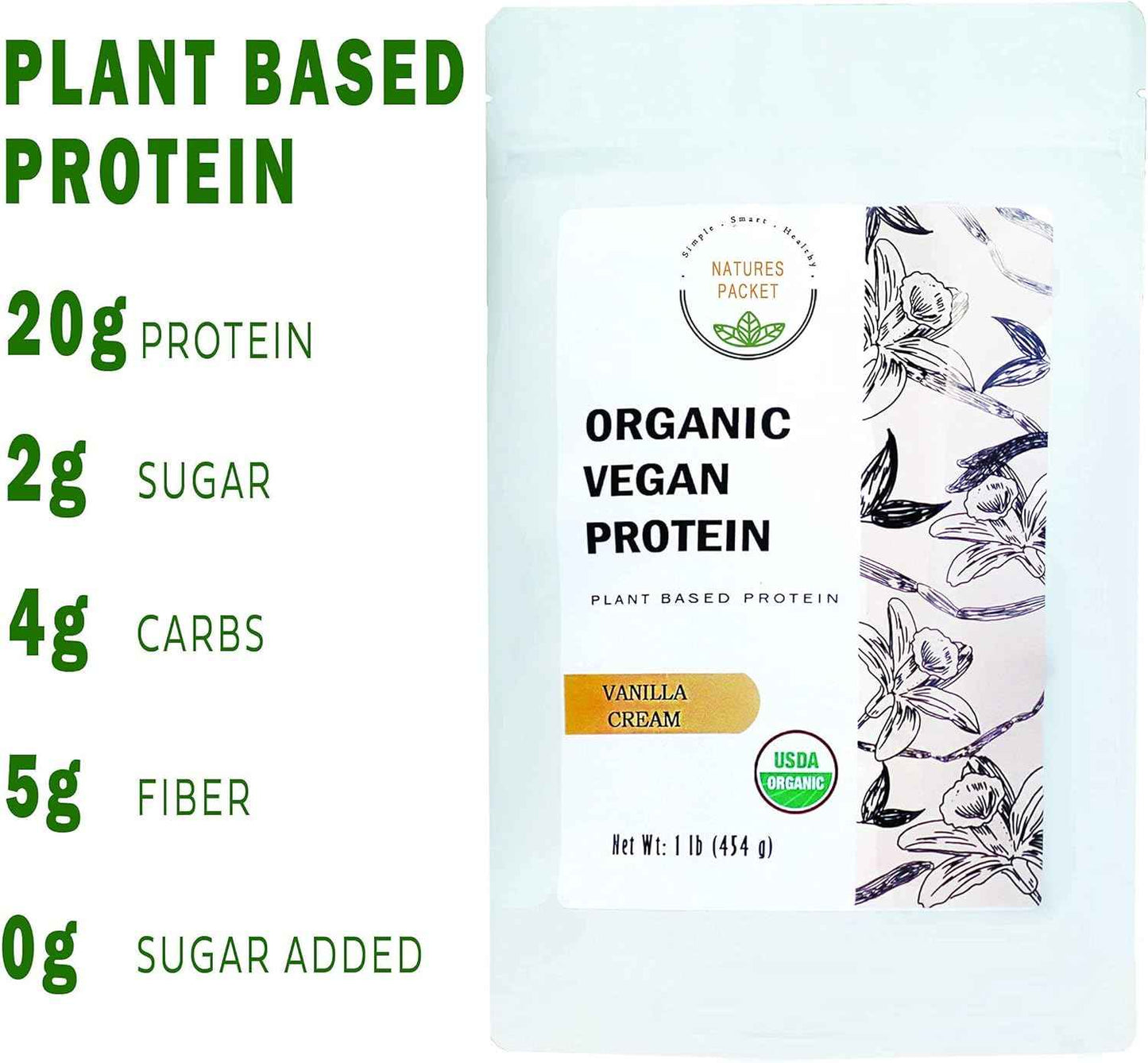 Organic Vegan Protein Powder - Plant Based Protein, Vanilla Flavor - Non Dairy, Lactose Free, No Sugar Added, Gluten Free, Soy Free, Non-GMO, Ketogenic Vegan Blend - 1 lb, 16 Ounce