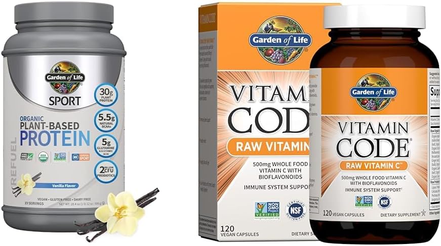 Organic Vegan Sport Protein Powder with Probiotics and BCAAs for Post Workout Recovery - Vanilla Flavor - Includes Raw Vitamin Code Vitamin C Capsules