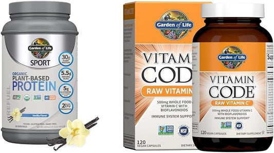 Organic Vegan Sport Protein Powder with Probiotics and BCAAs for Post Workout Recovery - Vanilla Flavor - Includes Raw Vitamin Code Vitamin C Capsules