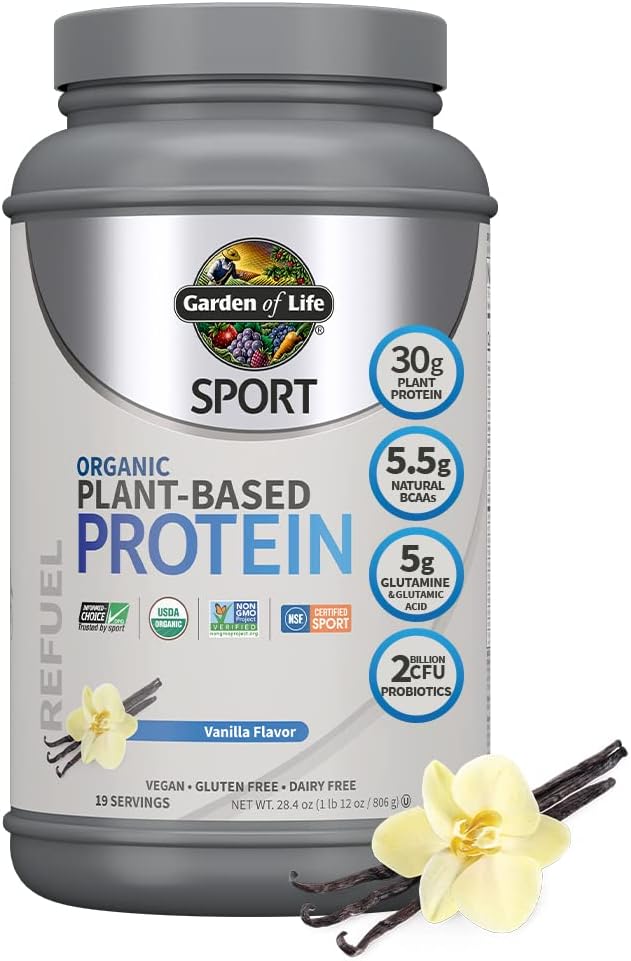 Organic Vegan Sport Protein Powder with Probiotics and BCAAs for Post Workout Recovery - Vanilla Flavor - Includes Raw Vitamin Code Vitamin C Capsules