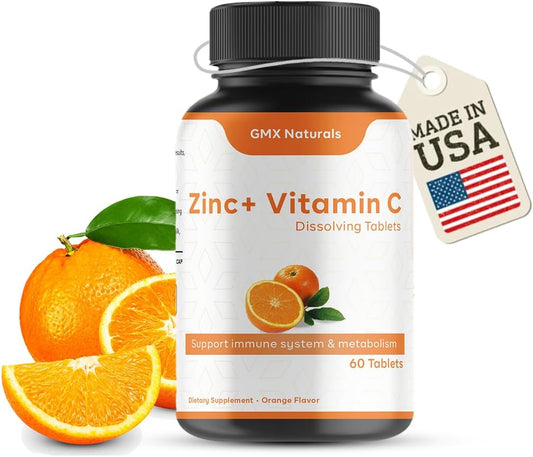 Organic Vitamin C and Zinc Tablets for Adults | Immune Support | Fast-Dissolving Orange Flavour | Boost Metabolism | 60 Tablets | 2 Month Supply