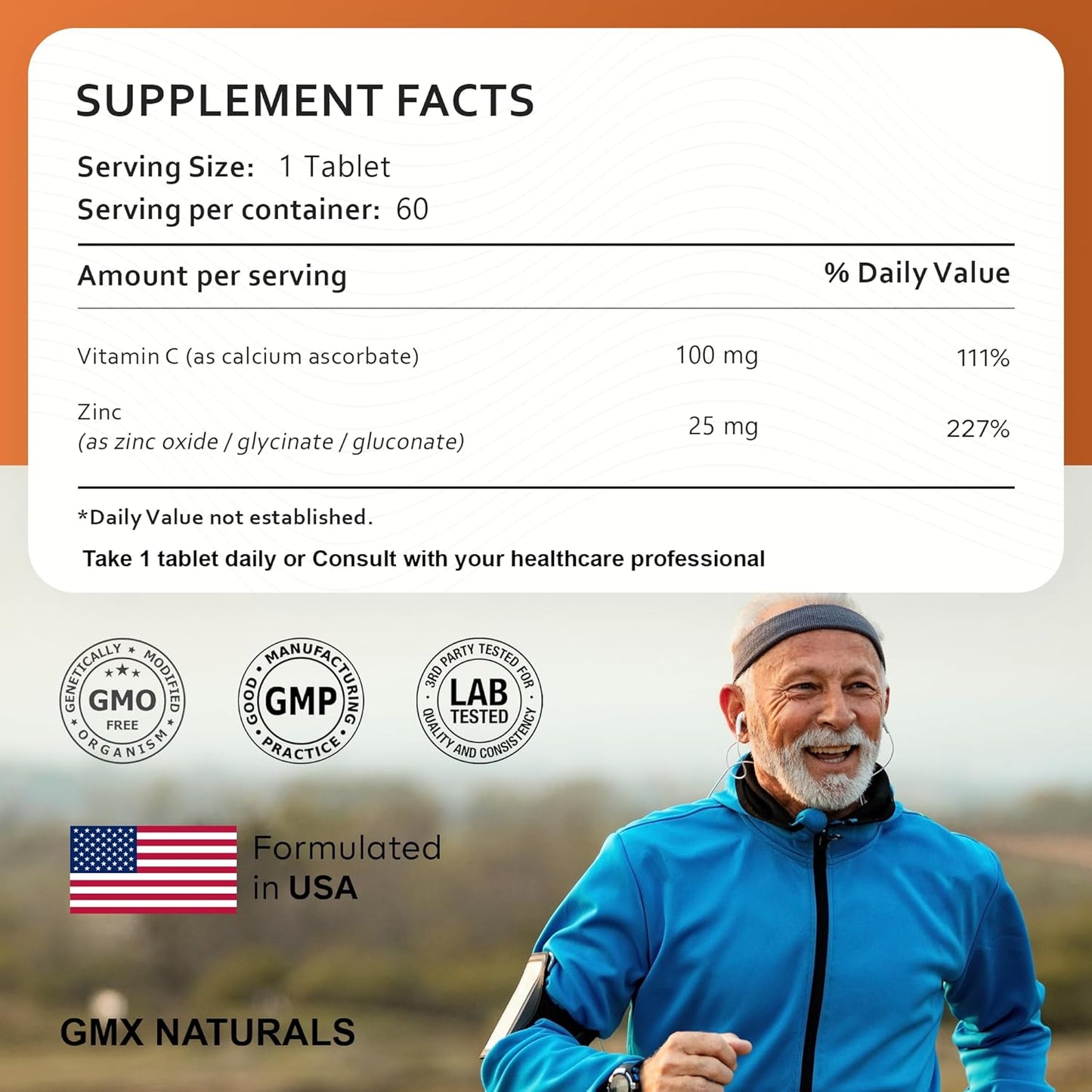 Organic Vitamin C and Zinc Tablets for Adults | Immune Support | Fast-Dissolving Orange Flavour | Boost Metabolism | 60 Tablets | 2 Month Supply