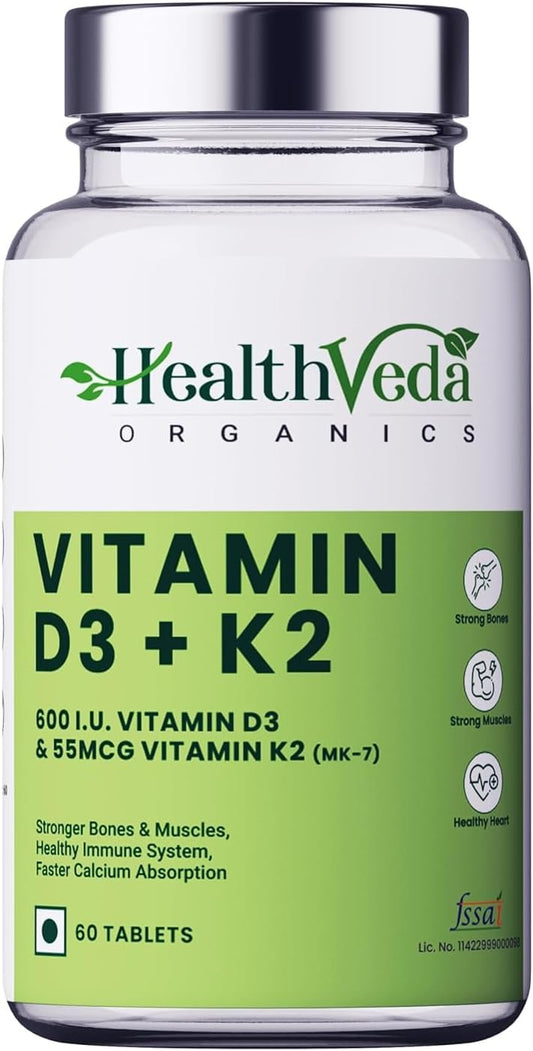 Organic Vitamin D3 (600 IU) with Vitamin K2 (55mcg) | 60 Veg Tablets | Supports Bone, Immune, & Joint Health | Men & Women