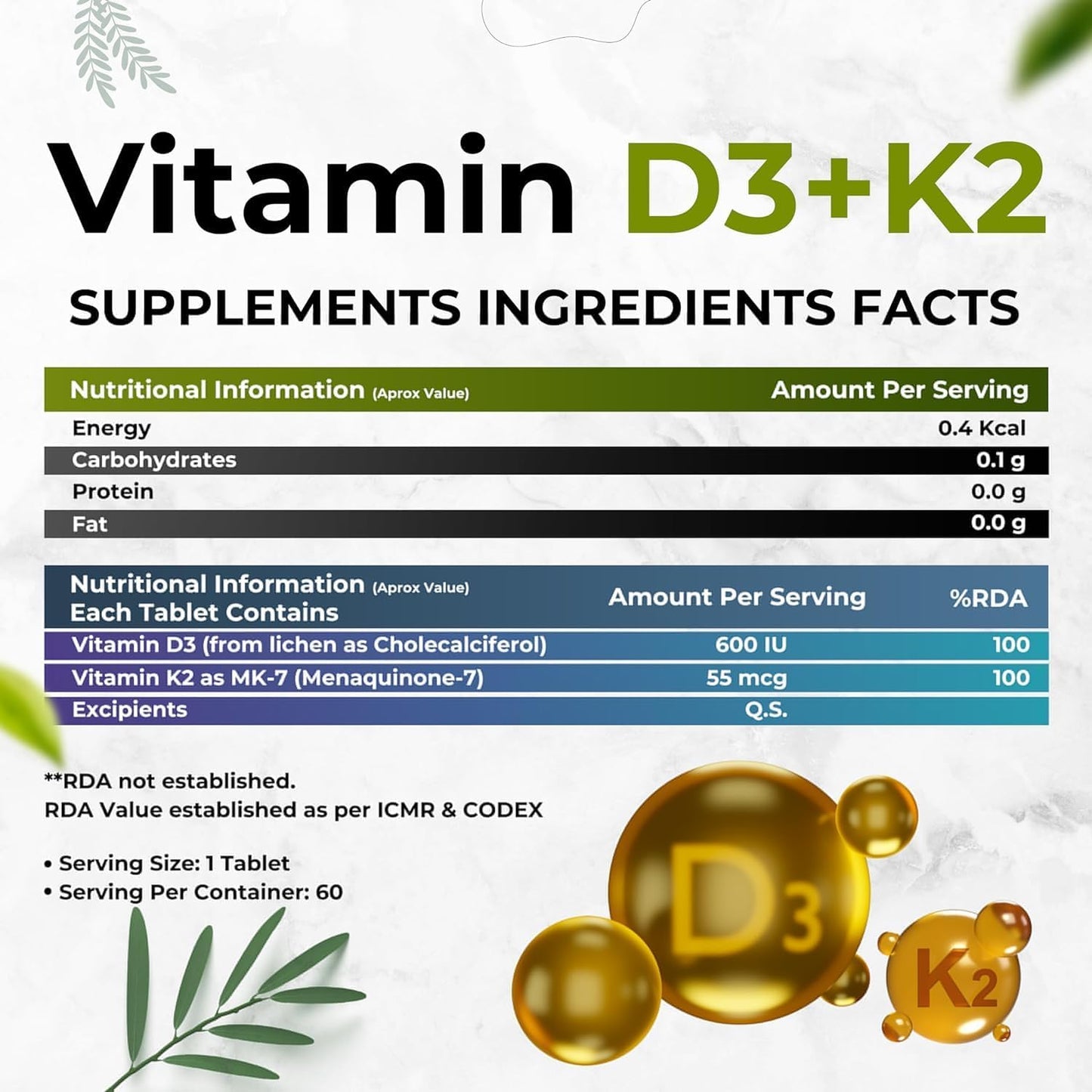 Organic Vitamin D3 (600 IU) with Vitamin K2 (55mcg) | 60 Veg Tablets | Supports Bone, Immune, & Joint Health | Men & Women