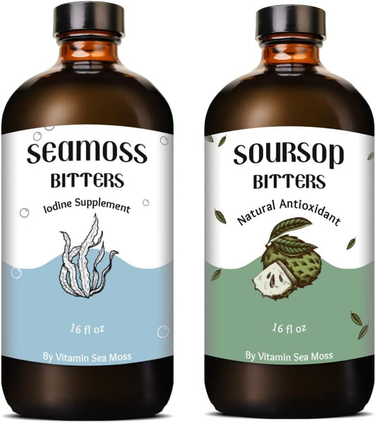 Organic Vitamin Sea Moss Soursop & Black Seed Bitters Bundle - Detox & Immune Support for Gut Health - Wildcrafted Antioxidant-Rich Blend - Non-GMO, 32 oz | 64 Servings