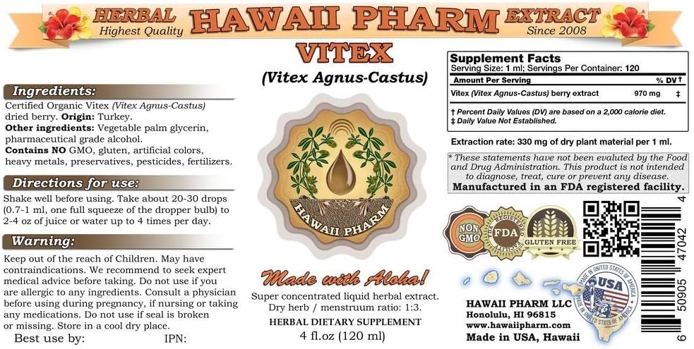 Organic Vitex Liquid Extract Tincture - Herbal Supplement by Hawaii Pharm - Made in USA - 2 fl.oz