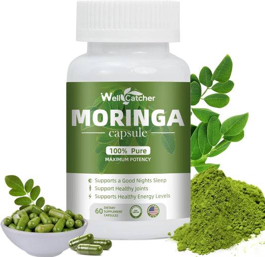 Organic Wellcatcher Moringa Capsules 800mg for Energy Boost & Immune Support - Pure Leaf Powder with Essential Vitamins & Amino Acids - Antioxidant & Metabolism Support - 100 Capsules