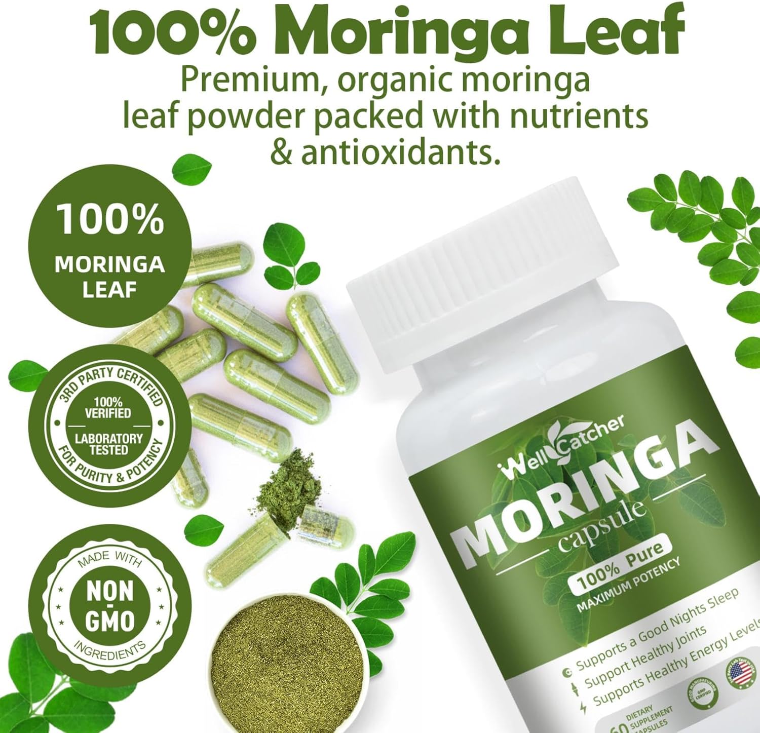 Organic Wellcatcher Moringa Capsules 800mg for Energy Boost & Immune Support - Pure Leaf Powder with Essential Vitamins & Amino Acids - Antioxidant & Metabolism Support - 100 Capsules