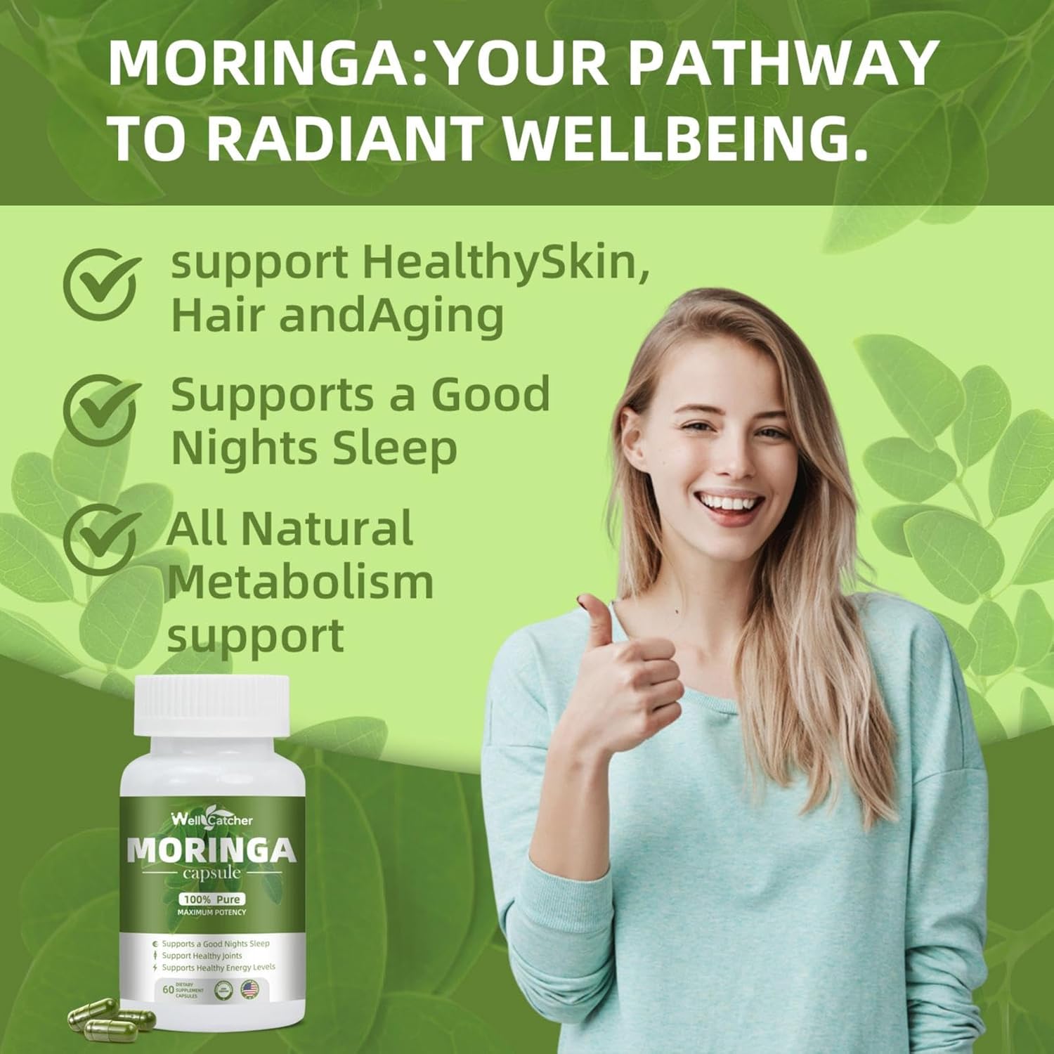 Organic Wellcatcher Moringa Capsules 800mg for Energy Boost & Immune Support - Pure Leaf Powder with Essential Vitamins & Amino Acids - Antioxidant & Metabolism Support - 100 Capsules