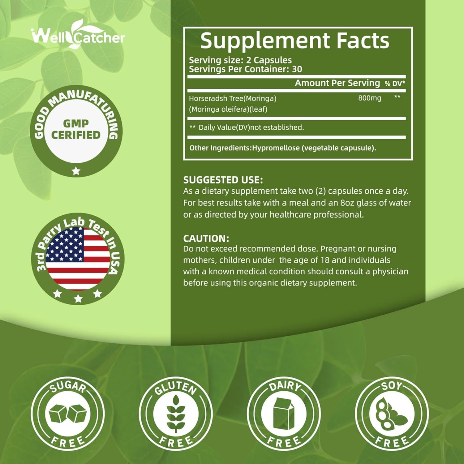 Organic Wellcatcher Moringa Capsules 800mg for Energy Boost & Immune Support - Pure Leaf Powder with Essential Vitamins & Amino Acids - Antioxidant & Metabolism Support - 100 Capsules