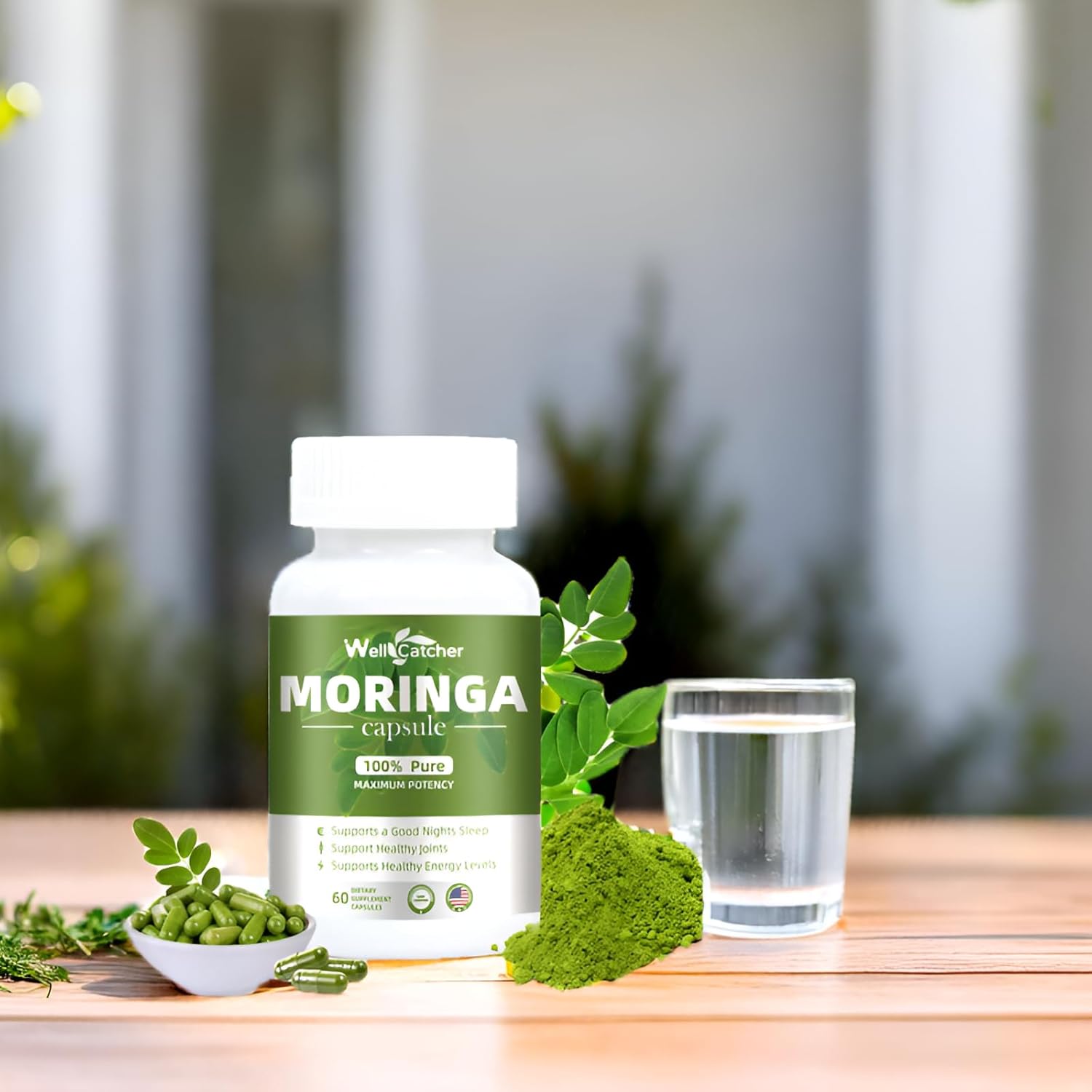 Organic Wellcatcher Moringa Capsules 800mg for Energy Boost & Immune Support - Pure Leaf Powder with Essential Vitamins & Amino Acids - Antioxidant & Metabolism Support - 100 Capsules