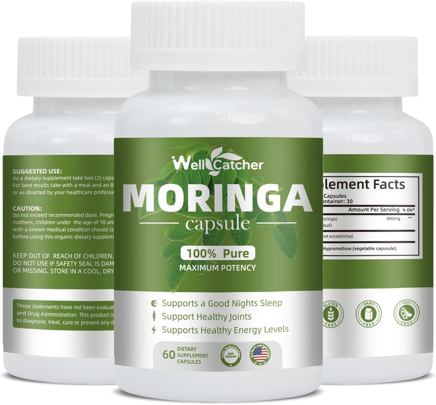 Organic Wellcatcher Moringa Capsules 800mg for Energy Boost & Immune Support - Pure Leaf Powder with Essential Vitamins & Amino Acids - Antioxidant & Metabolism Support - 100 Capsules