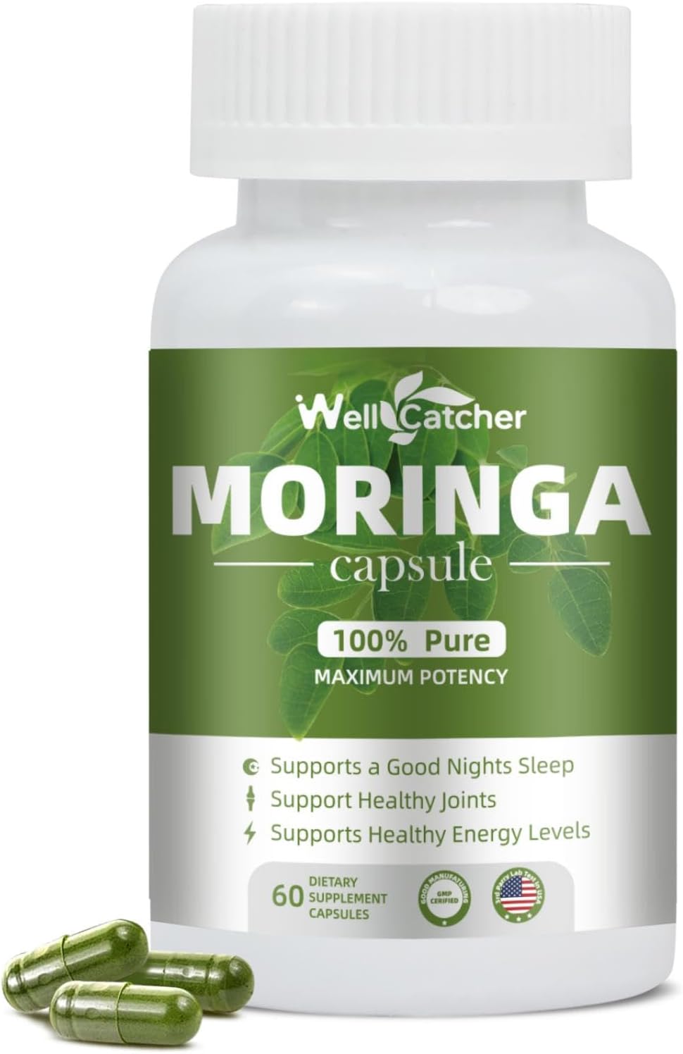 Organic Wellcatcher Moringa Capsules 800mg for Energy Boost & Immune Support - Pure Leaf Powder with Essential Vitamins & Amino Acids - Antioxidant & Metabolism Support - 100 Capsules
