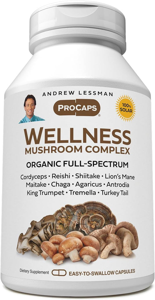 Organic Wellness Mushroom Complex Supplement - 180 Capsules, Full Spectrum Blend of 11 Mushrooms for Overall Health and Vitality, No Additives