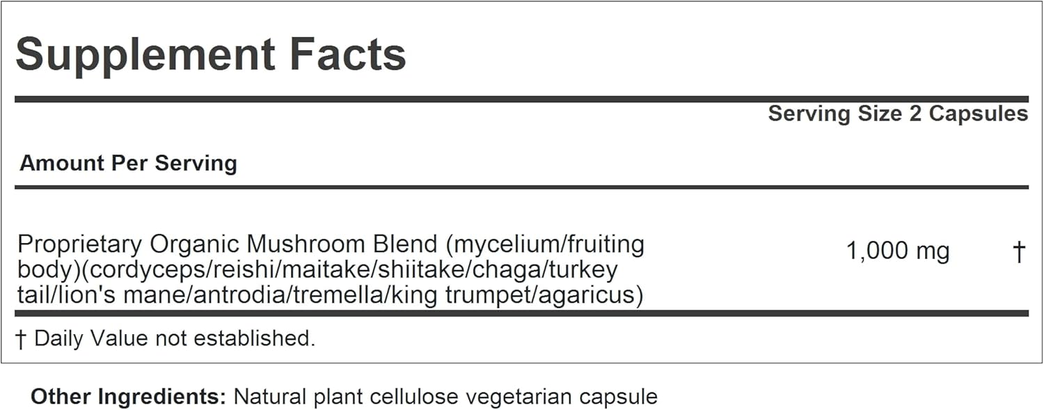Organic Wellness Mushroom Complex Supplement - 180 Capsules, Full Spectrum Blend of 11 Mushrooms for Overall Health and Vitality, No Additives