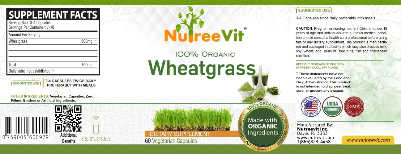 Organic Wheatgrass Superfood Powder 500 mg Capsules - NutreeVit Pure & Natural