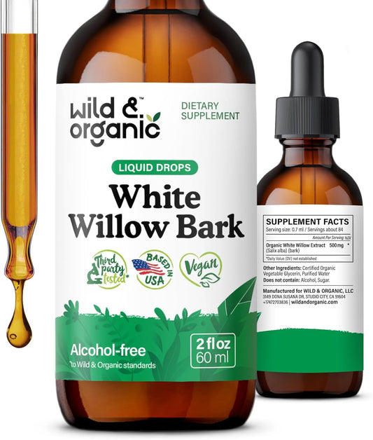 Organic White Willow Bark Liquid Extract Drops - 500mg Herbal Tincture for Well-Being - Alcohol & Sugar-Free, Non-GMO - 2 fl oz Bottle