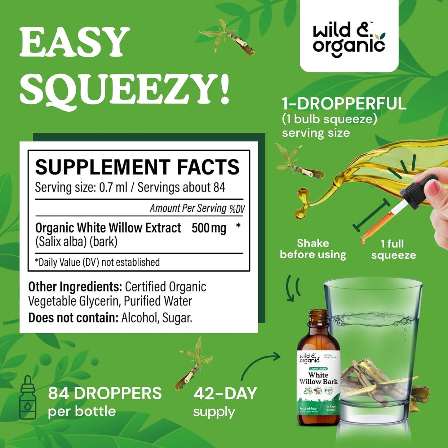 Organic White Willow Bark Liquid Extract Drops - 500mg Herbal Tincture for Well-Being - Alcohol & Sugar-Free, Non-GMO - 2 fl oz Bottle