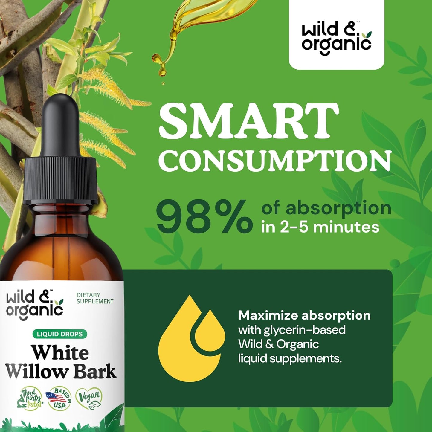 Organic White Willow Bark Liquid Extract Drops - 500mg Herbal Tincture for Well-Being - Alcohol & Sugar-Free, Non-GMO - 2 fl oz Bottle