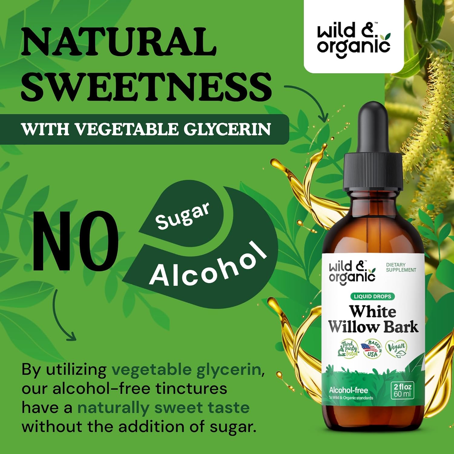 Organic White Willow Bark Liquid Extract Drops - 500mg Herbal Tincture for Well-Being - Alcohol & Sugar-Free, Non-GMO - 2 fl oz Bottle