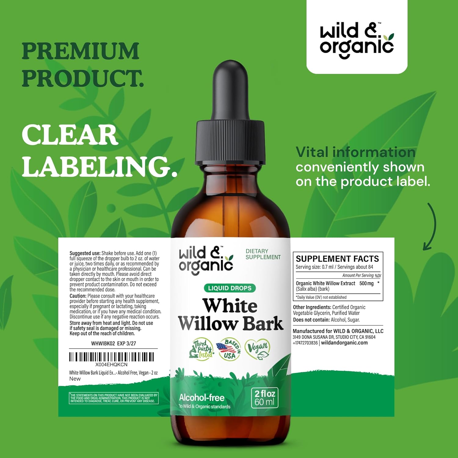 Organic White Willow Bark Liquid Extract Drops - 500mg Herbal Tincture for Well-Being - Alcohol & Sugar-Free, Non-GMO - 2 fl oz Bottle