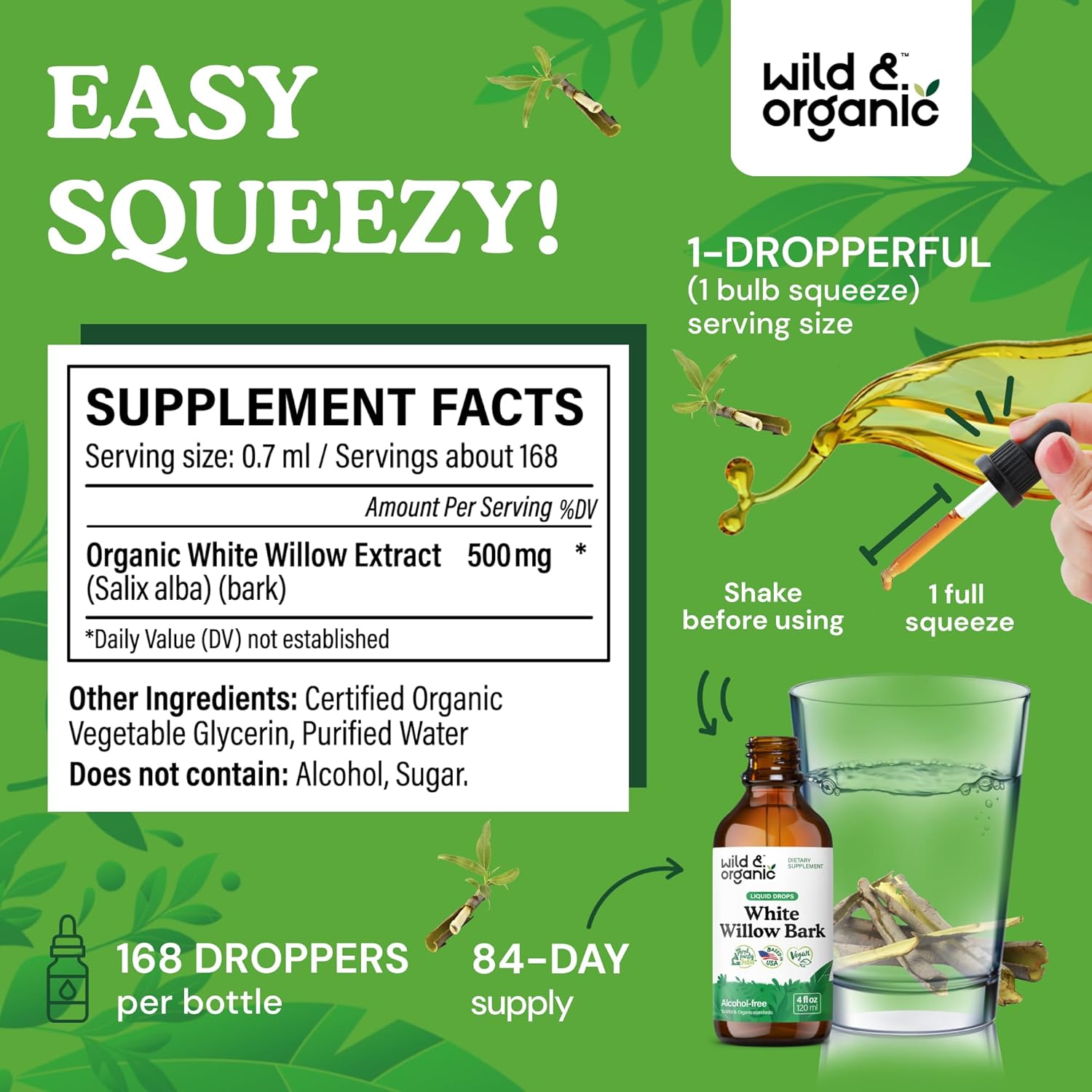 Organic White Willow Bark Tincture - Alcohol & Sugar-Free Liquid Supplement - Salix Alba Extract Drops for Overall Support - Vegan, 4 fl oz