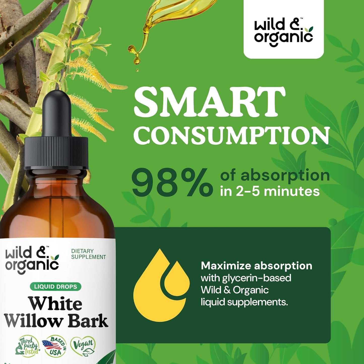 Organic White Willow Bark Tincture - Alcohol & Sugar-Free Liquid Supplement - Salix Alba Extract Drops for Overall Support - Vegan, 4 fl oz