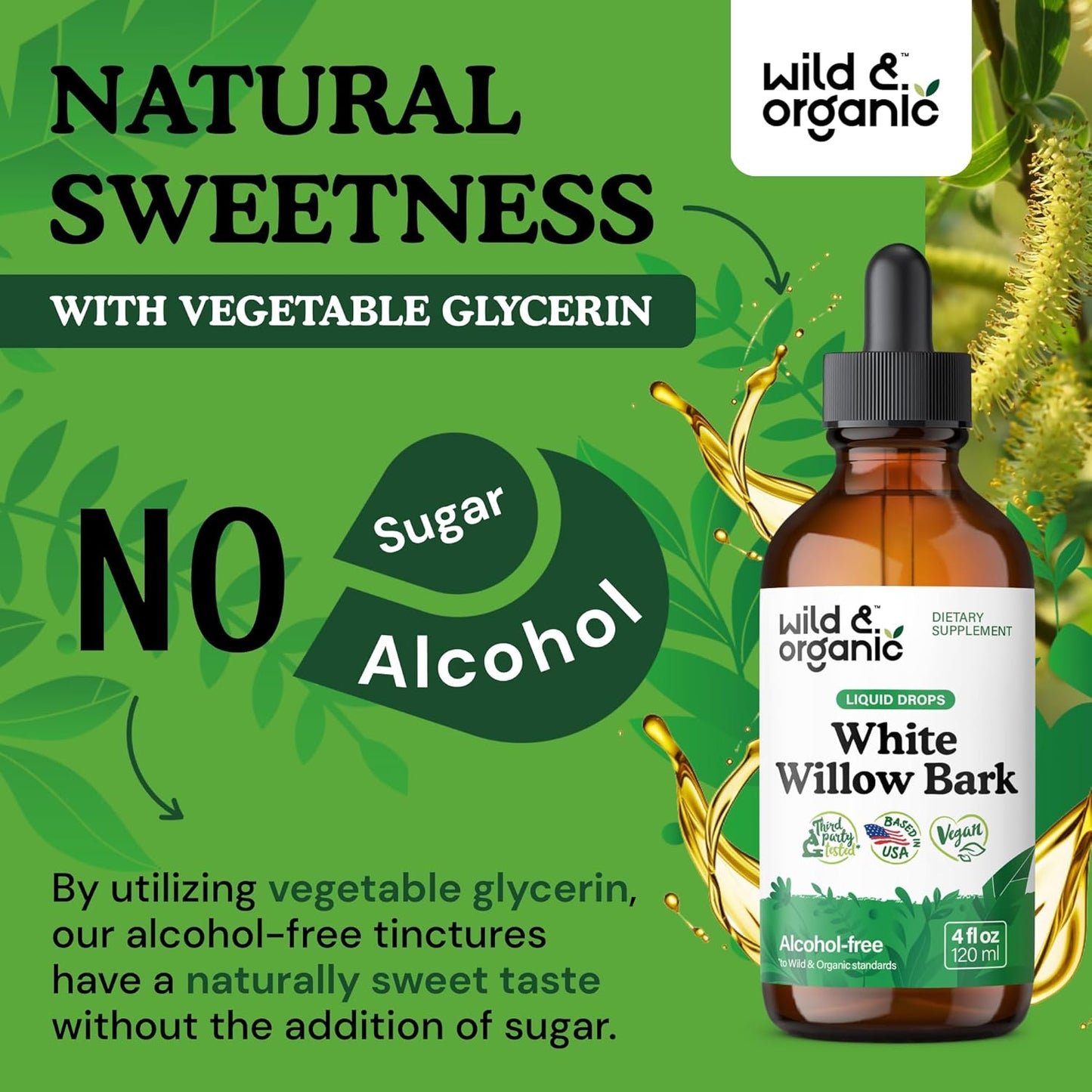Organic White Willow Bark Tincture - Alcohol & Sugar-Free Liquid Supplement - Salix Alba Extract Drops for Overall Support - Vegan, 4 fl oz