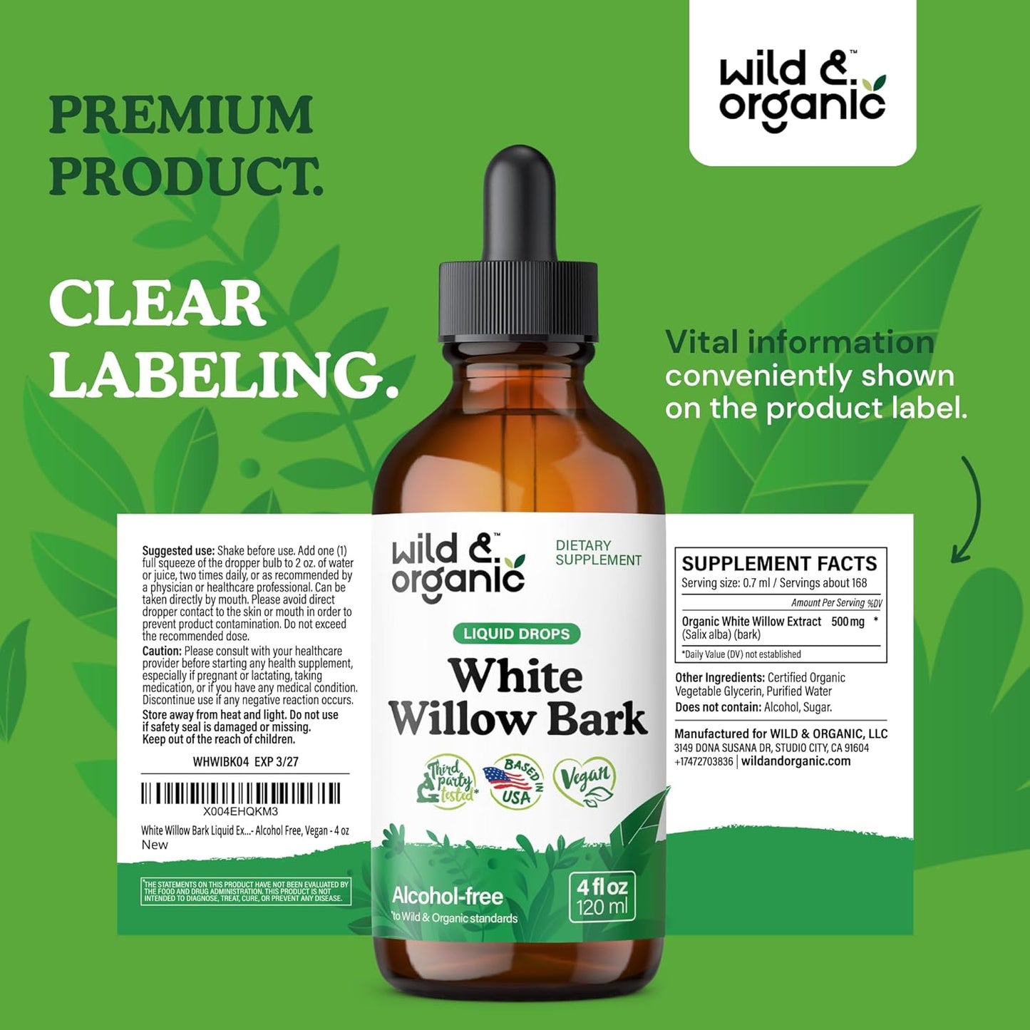 Organic White Willow Bark Tincture - Alcohol & Sugar-Free Liquid Supplement - Salix Alba Extract Drops for Overall Support - Vegan, 4 fl oz