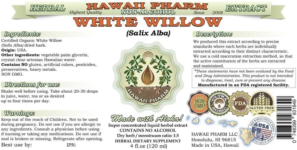 Organic White Willow Liquid Extract - Alcohol-Free Herbal Supplement from Hawaii Pharm - 4x4 fl.oz Bottle - Made in USA