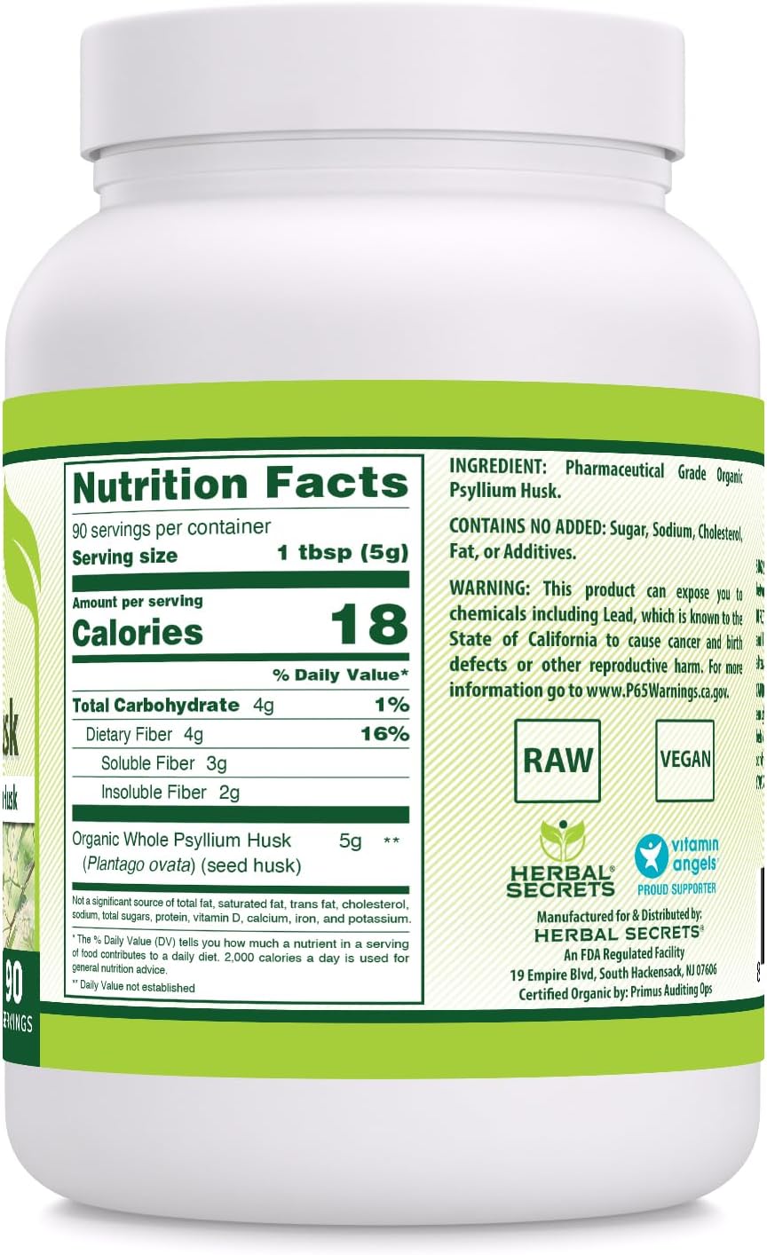 Organic Whole Psyllium Husk Powder Supplement - 16 oz | 5g Per Serving | 136 Servings | Non-GMO, Gluten Free, Made in USA