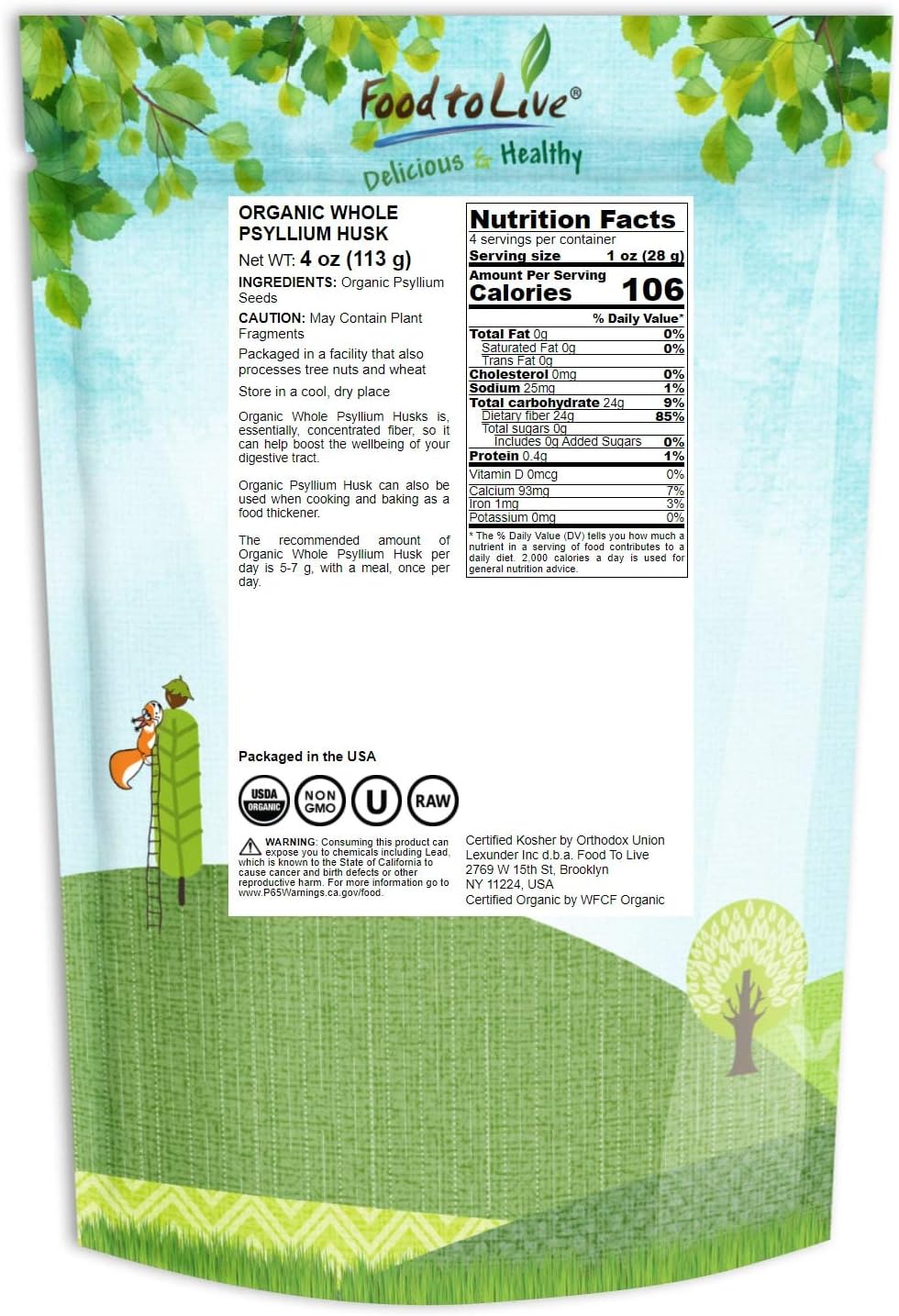 Organic Whole Psyllium Husks - 4 oz, Non-GMO, Vegan, High Fiber, Natural Thickener for Baking - Food to Live