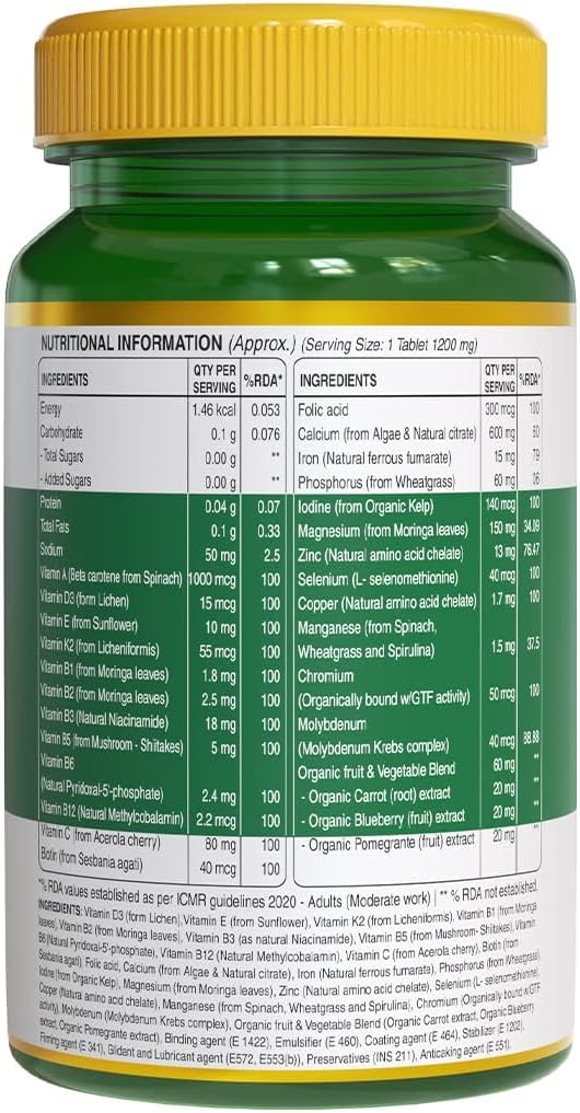 Organic Wholefood Plant-Based Multivitamin with 100% RDA Essential Nutrients - 120 Tablets