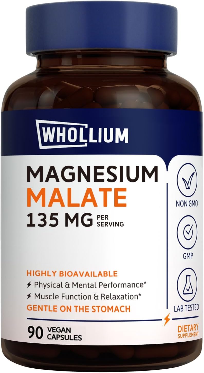 Organic Whollium Magnesium Malate Capsules for Energy and Muscle Support - Fully Chelated, Bioactive, Vegan-Friendly Formula (90 Count)