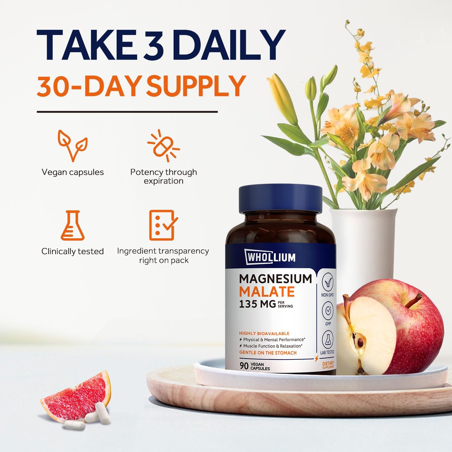 Organic Whollium Magnesium Malate Capsules for Energy and Muscle Support - Fully Chelated, Bioactive, Vegan-Friendly Formula (90 Count)