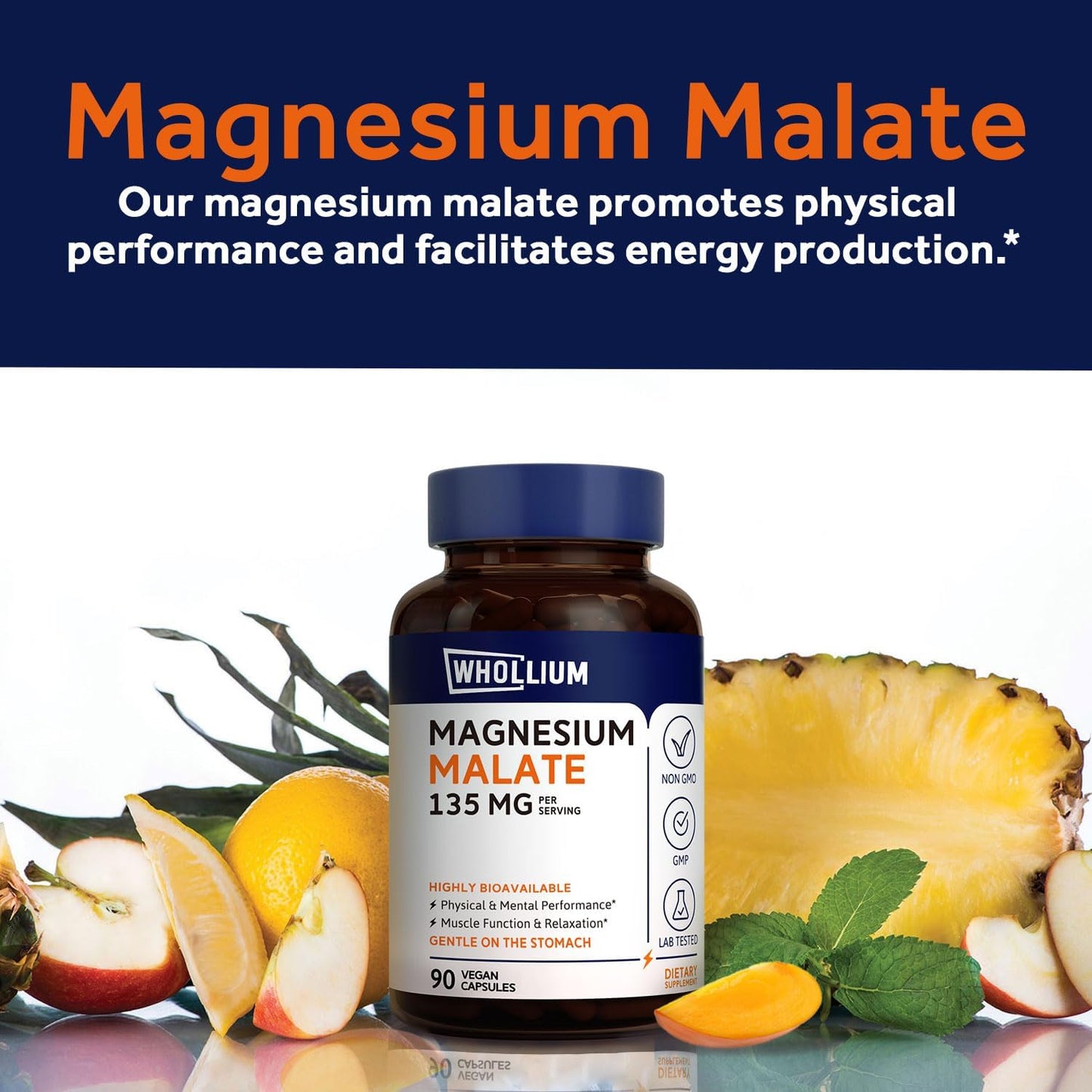 Organic Whollium Magnesium Malate Capsules for Energy and Muscle Support - Fully Chelated, Bioactive, Vegan-Friendly Formula (90 Count)