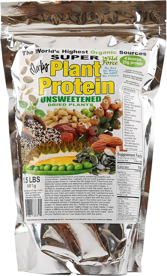Organic Wild Force Super Plant Protein Powder with Exotic Pine Nuts, Durian, & Prickly Pear Cactus - Unsweetened, Digestive-Friendly Formula
