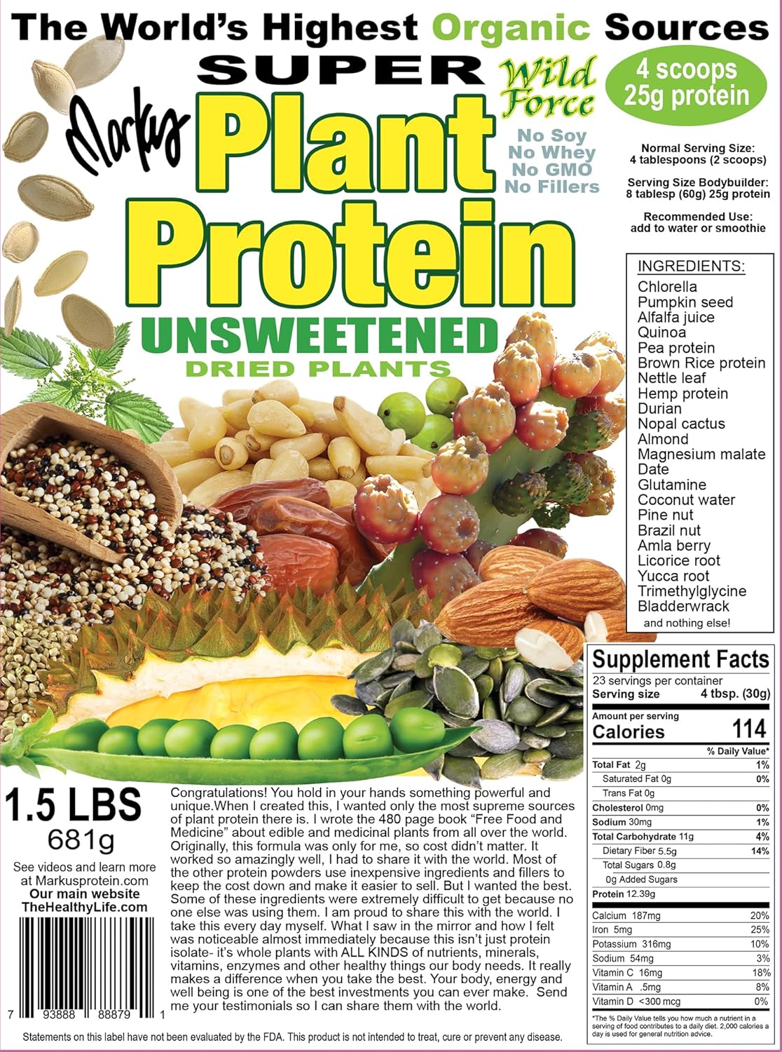 Organic Wild Force Super Plant Protein Powder with Exotic Pine Nuts, Durian, & Prickly Pear Cactus - Unsweetened, Digestive-Friendly Formula