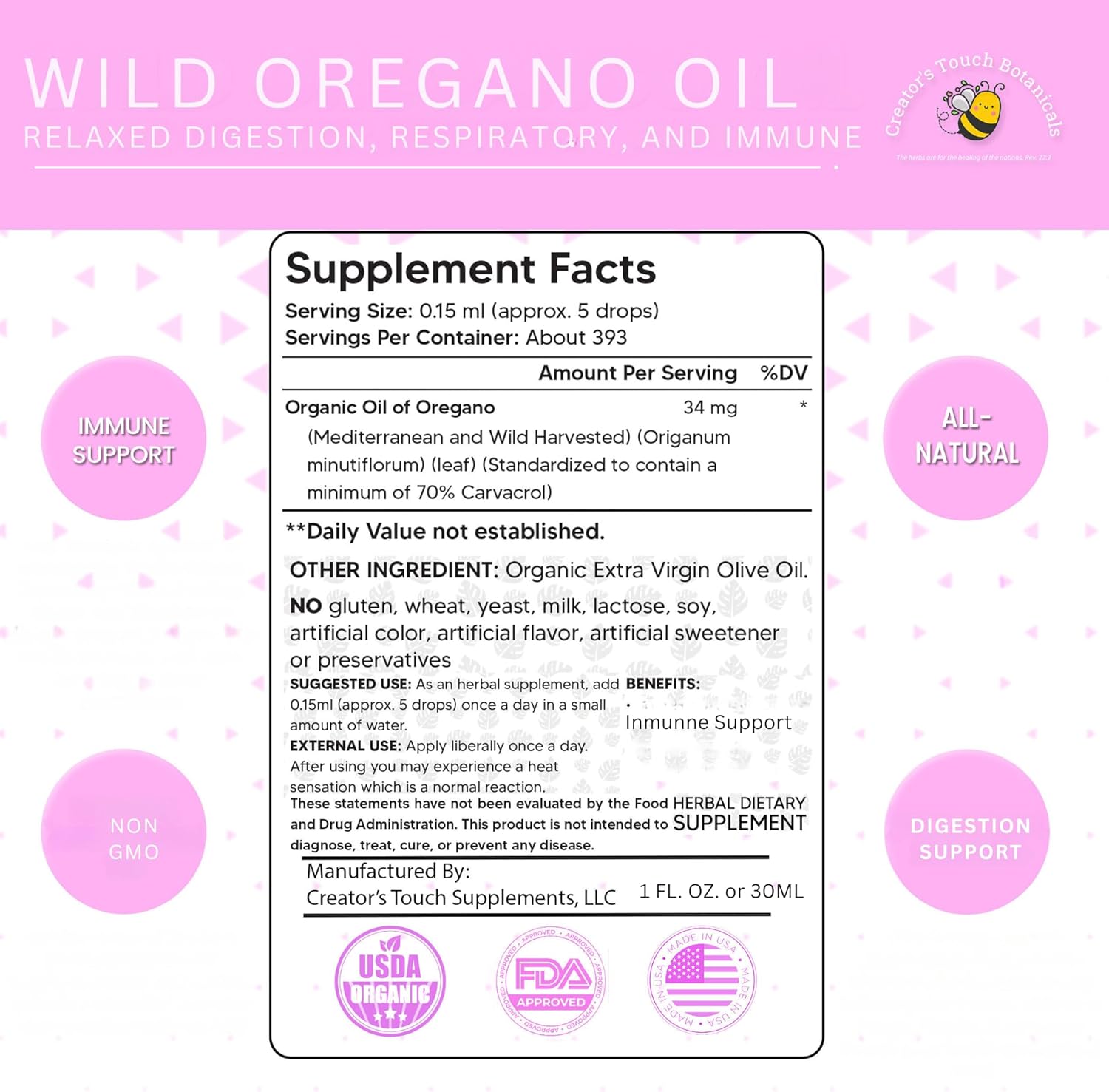 Organic Wild Mediterranean Oil of Oregano Drops for Immune & Digestive Support - 6 Month Supply | Vegan & Non-GMO Herbal Blend for Overall Health