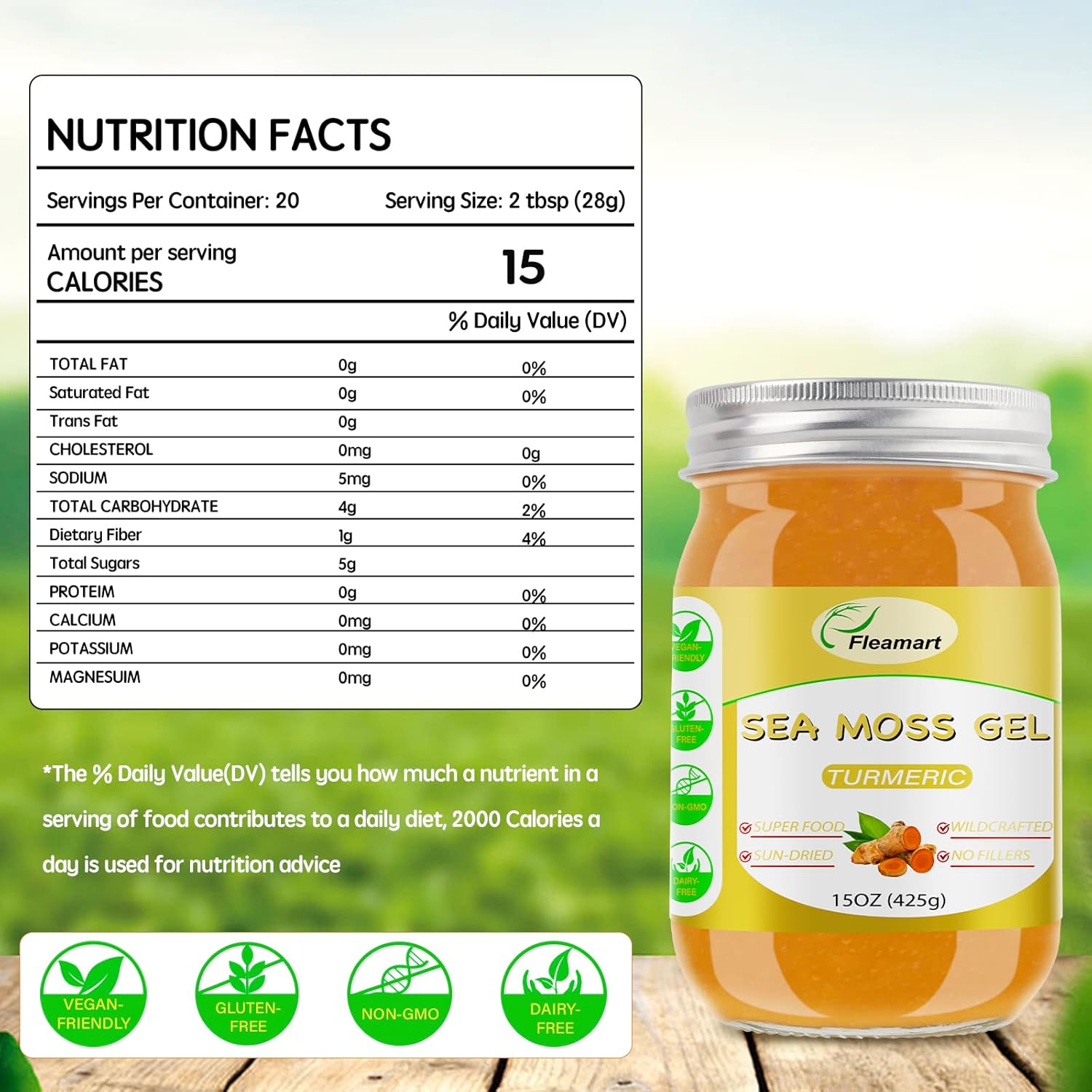 Organic Wildcrafted Raw Sea Moss Gel with Turmeric Flavor for Immune Support & Thyroid Health - 15OZ Gel Packed with Minerals & Vitamins