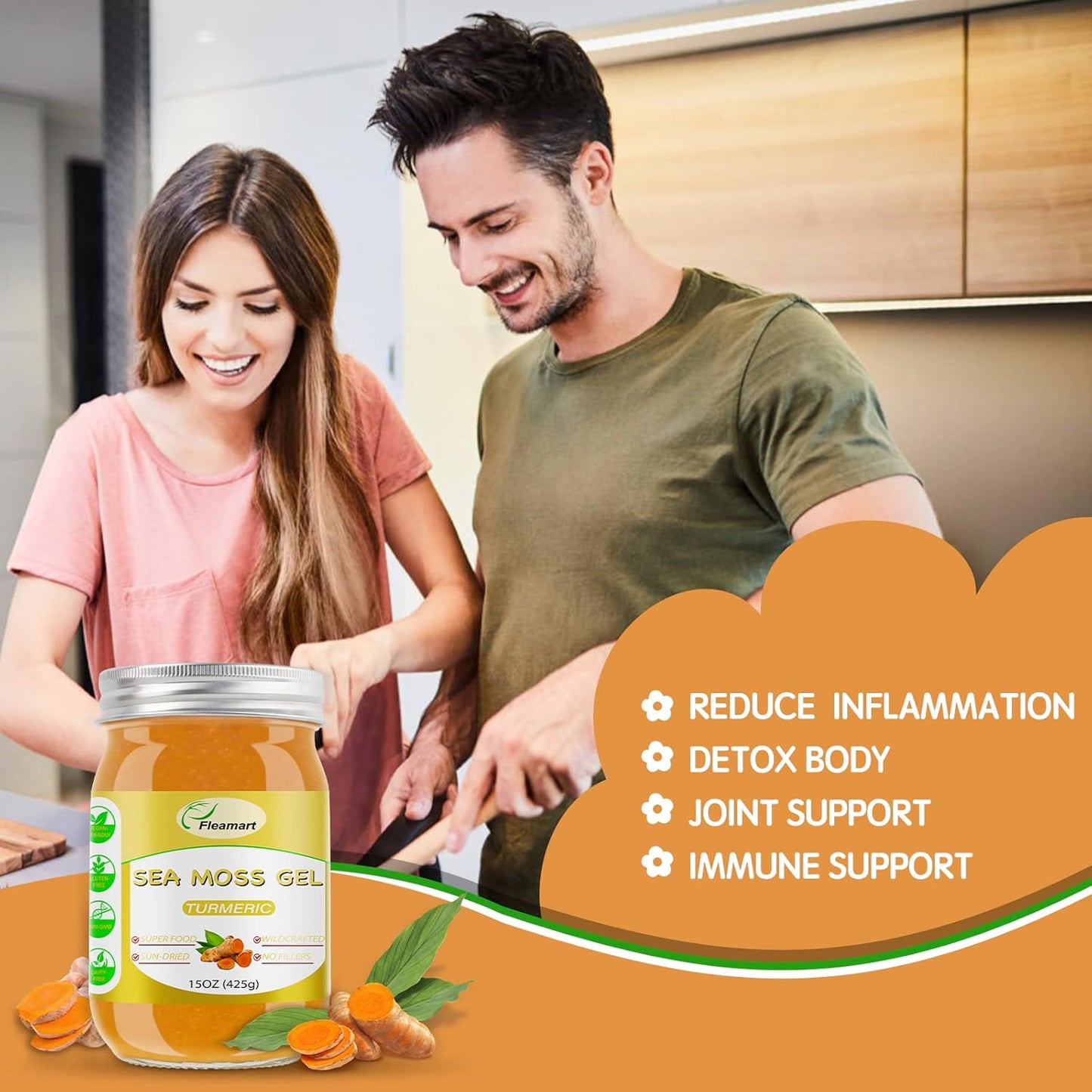 Organic Wildcrafted Raw Sea Moss Gel with Turmeric Flavor for Immune Support & Thyroid Health - 15OZ Gel Packed with Minerals & Vitamins