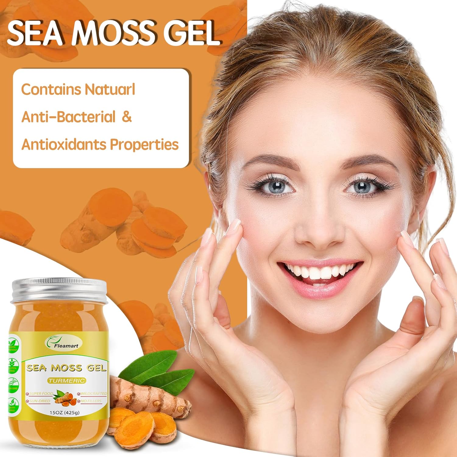 Organic Wildcrafted Raw Sea Moss Gel with Turmeric Flavor for Immune Support & Thyroid Health - 15OZ Gel Packed with Minerals & Vitamins