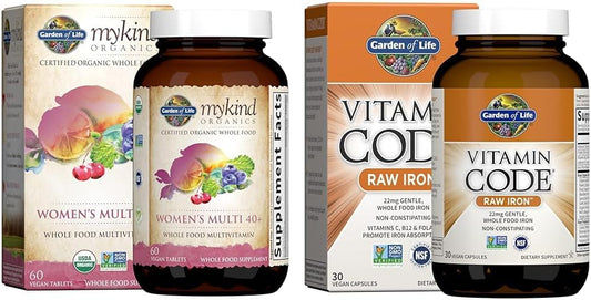 Organic Women's 40+ Multi-Vitamins Bundle: Garden of Life 60 Tablets & Raw Iron Capsules 30ct - Vegan & Non-GMO Formula